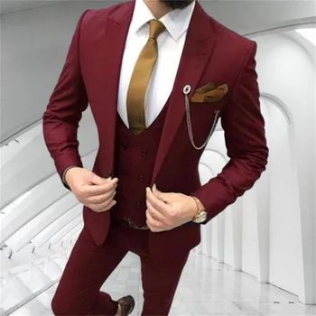 Burgundia Slim Fit Meeste Ülikonnad, Vabaaja Stiil Pulm Smoking Peigmees 3 Töö Mees Mood Jakk Püksid Topelt Karavan Vest