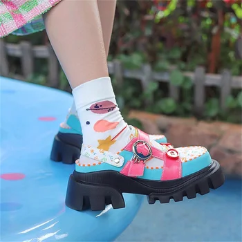Jaapani Magus tüdrukute kingad, moe -, Värv Ümmargune pea Paksu põhjaga Graffiti Lill nuppu, Mitte tõsta Pehme PU Pleisse 5,5 cm kingad
