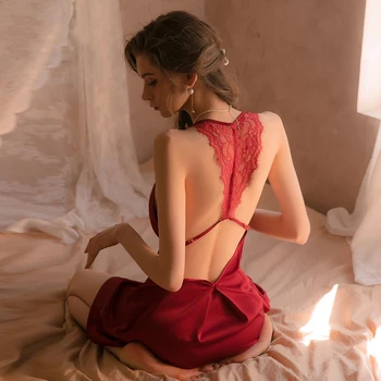 Prantsuse Siidine Pits Satiin Sleepwear Suspender Nightdress Nightgowns Home Service Sügav V Ilu Tagasi Rüü Naiste Sexy Magada Kleit