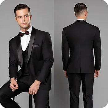 Klassikaline must meeste ülikond salli rinnamikrofon bleiser ametliku äri pulmas peigmees terno masculino slim fit smoking (jope+vest+püksid)