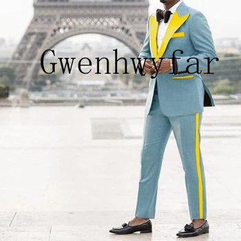 Gwenhwyfar 2 Tk Komplekt 2022 Mood helesinine Meeste Ametliku Boutique Business Pulm Kostüümid Pool, Põlvpüksid, Jakk, Mantel, Püksid