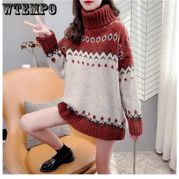 WTEMPO Uus Vintage Naiste Kampsun Paksenenud kõrge kaelusega Pullover Lahti korea Fashion Kõik-sobitamine Kudumid Talve Riided Naistele