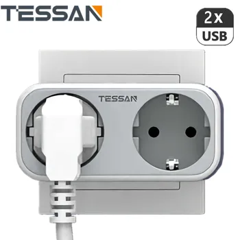 TESSAN EU Pistik-USB-Pistikupesa Adapter 2 Turustusvõimalusi & 2 Laadimine USB Porte, Mitu Kaitset, Nutitelefoni, Tablett, MP3