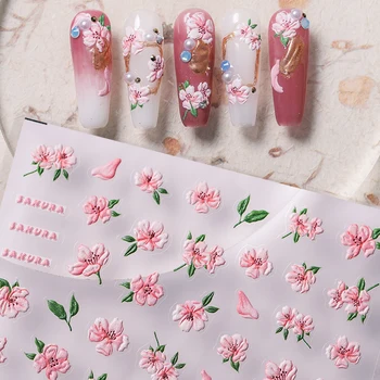Ilus Romantiline Roosa Cherry Blossom Lill 5D Pehme Reljeef-Reljeef Isekleepuv Nail Art Kleebis Sakura Armas Maniküür Decal