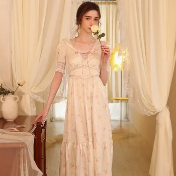 Prantsuse Vintage Õie Printida Nightgowns Kodus Kandma Naiste Lühikesed Varrukad Nightdress Seksikas V-Kaelus Öö Kleit Sleepwear