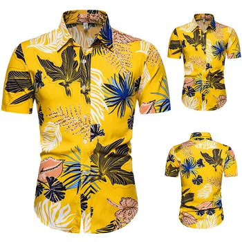 2022 Suvel Kollane Havai Särk Mens Lehe Print Lühikese Varrukaga Puuvillast Meeste Vabaaja Slim Fit Särgid Chemise Homme camisa masculina