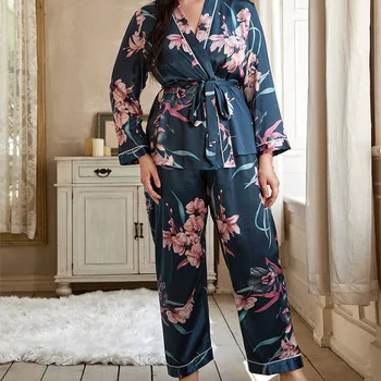 Prindi Lill Rayon Kampsun, Pükste Pijamas Sobiks Pluss Suurus 4XL 5XL Naiste Pidžaama Sleepwear Kehtestatud Kevad-Suvine Vabaaja Kodus Kandma