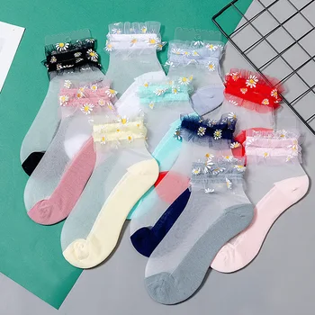 1 paar Lille Ruffle Sokid Naiste Suvel Ultra-õhuke Läbipaistev Kristall Siidist Sokid Jaapani Kawaii Armas Pits Low Cut Pahkluu Sokid