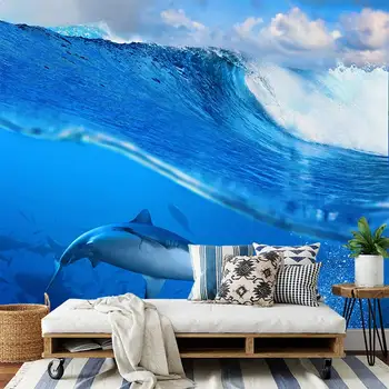 Dolphin lained, sinine taevas ja valged pilved 3D-elutuba, magamistuba, custom isekleepuvad tapeet seinamaaling