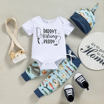baby Poiste riided Kirja Prindi Lühikesed Varrukad Romper + Värvilisi Kalu Segast Pingutusnöör Püksid + Sõlmes Müts